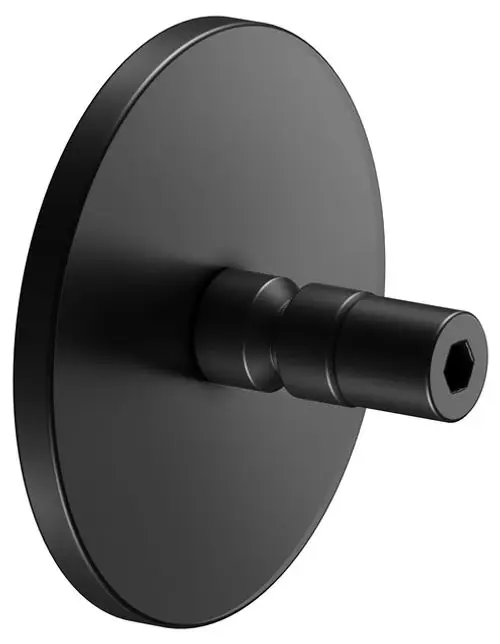 Schwarze Wandrosette mit mittigem, cylindrischem Anhang. Sie gehört zu einem Keuco Produkt und dient zur Montage an Wänden.